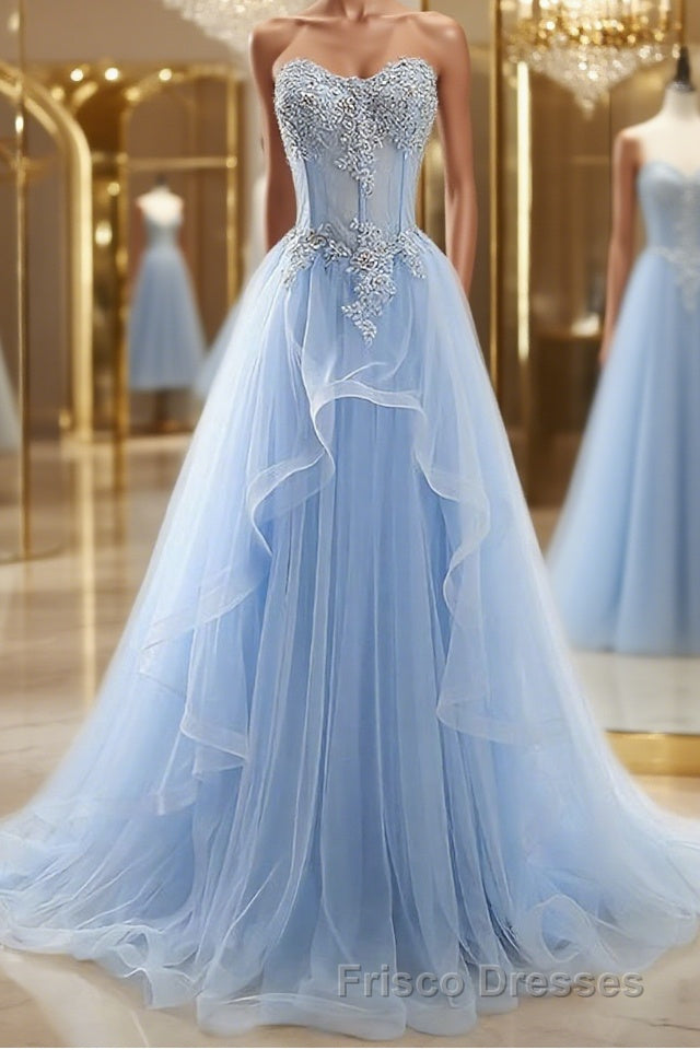 A-Line/Princess Sweetheart Sweep Train Tulle Formal Prom Dress With Appliques Lace