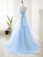 A-Line/Princess Sweetheart Sweep Train Tulle Formal Prom Dress With Appliques Lace