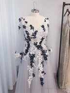 A-Line Princess Tulle Applique V-Neck Long Sleeves Floor-Length Prom Dresses
