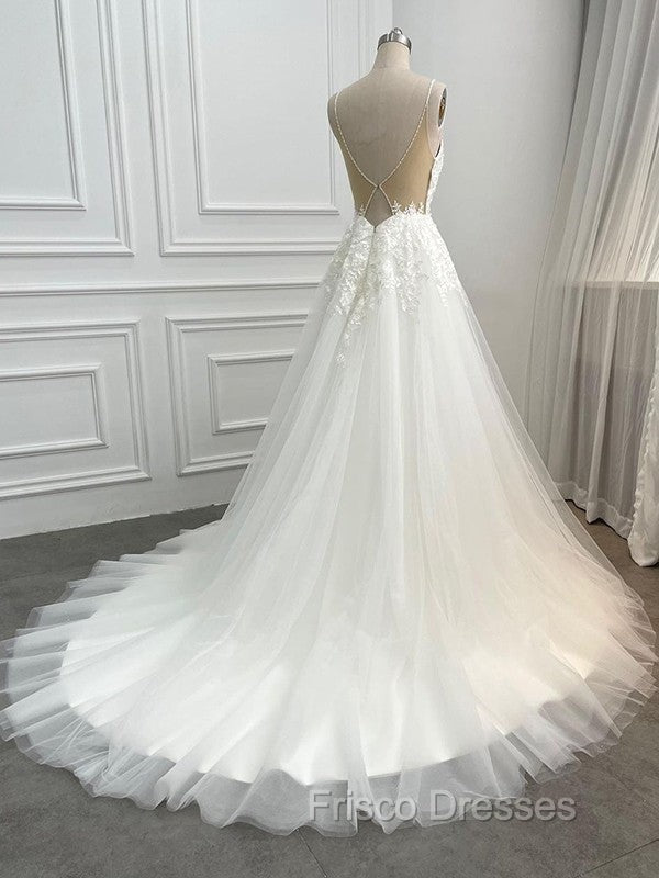 A-Line/Princess Tulle Applique V-Neck Sleeveless Chapel Train Wedding Dress Secondary image