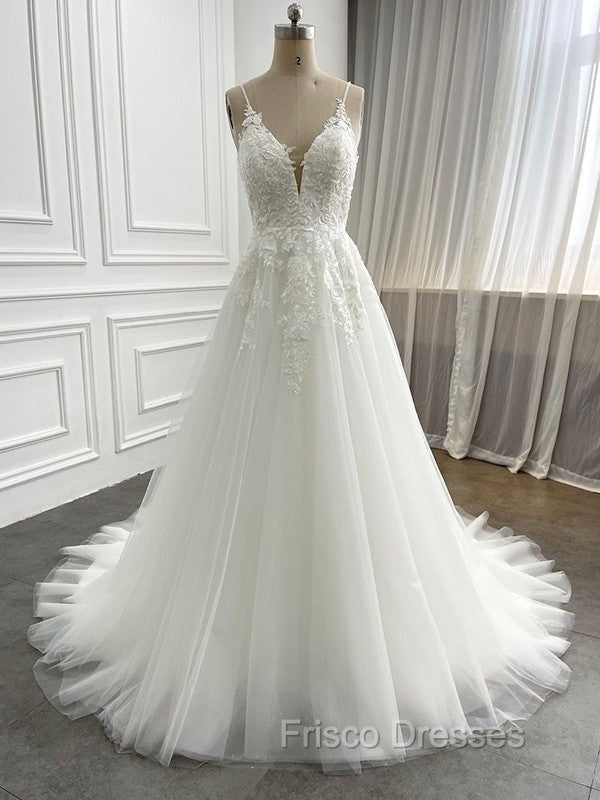 A-Line/Princess Tulle Applique V-Neck Sleeveless Chapel Train Wedding Dress
