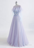 A-Line/Princess Tulle Jewel Floor-Length Formal Prom Dress With Beaded Lace Appliques