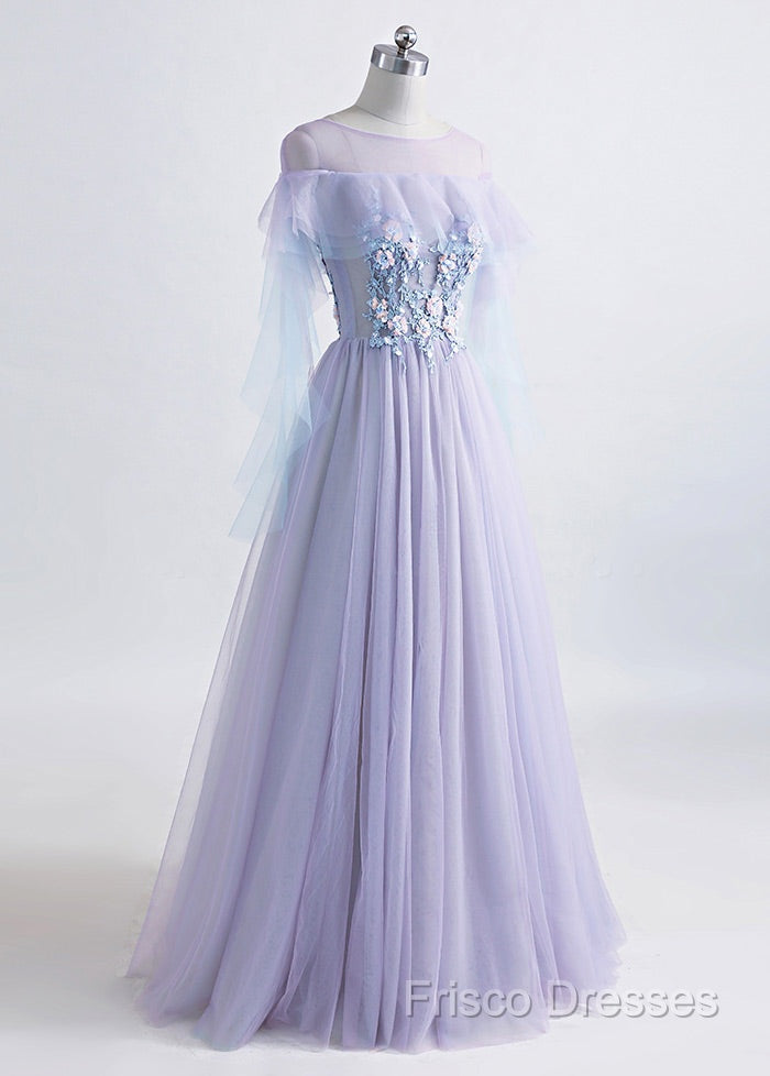 A-Line/Princess Tulle Jewel Floor-Length Formal Prom Dress With Beaded Lace Appliques