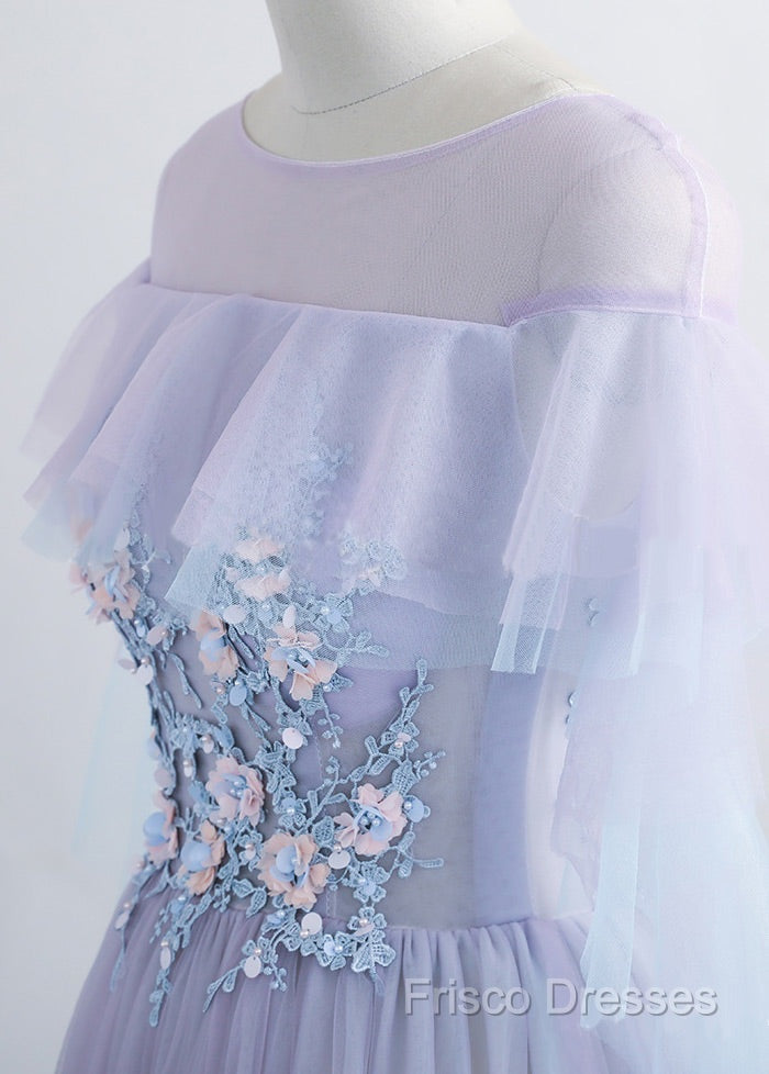 A-Line/Princess Tulle Jewel Floor-Length Formal Prom Dress With Beaded Lace Appliques