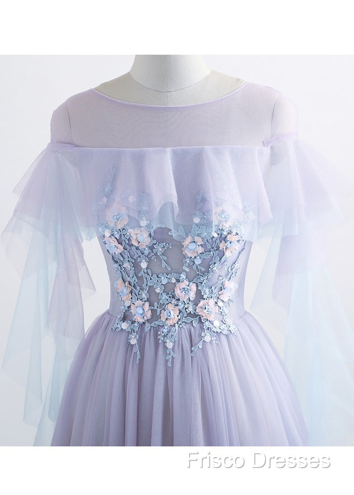 A-Line/Princess Tulle Jewel Floor-Length Formal Prom Dress With Beaded Lace Appliques