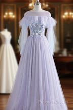 A-Line/Princess Tulle Jewel Floor-Length Formal Prom Dress With Beaded Lace Appliques