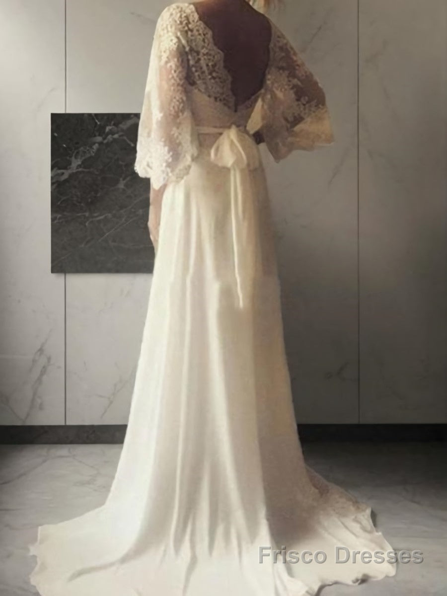 A-Line/Princess V-neck Court Train Lace Wedding Dresses With Belt/Sash Secondary image