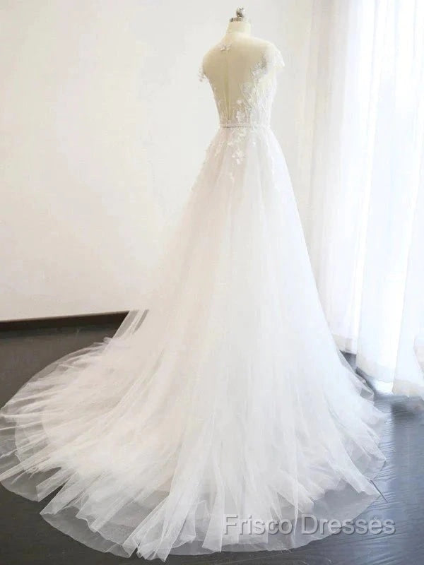 A-Line/Princess V-Neck Court Train Short Sleeves Applique Tulle Wedding Dress Secondary image