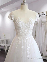 A-Line/Princess V-Neck Court Train Short Sleeves Applique Tulle Wedding Dresses