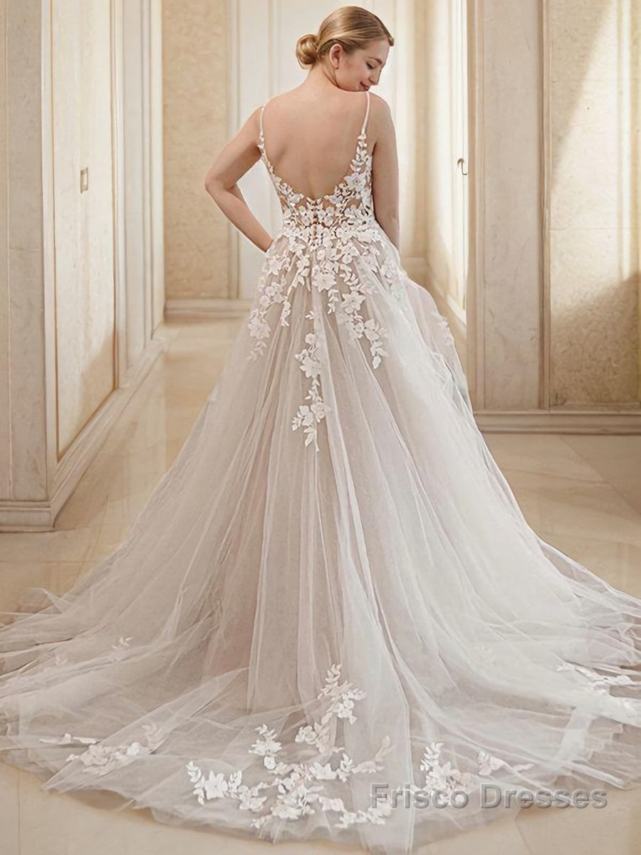 A-Line/Princess V-neck Court Train Tulle Wedding Dresses With Appliques Lace Secondary image