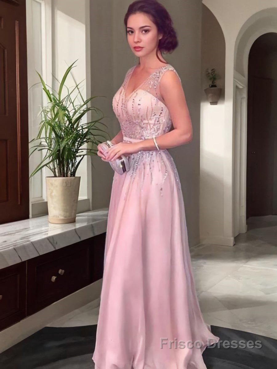 A-Line/Princess V-neck Floor-Length Chiffon Prom Dresses With Beading Main image