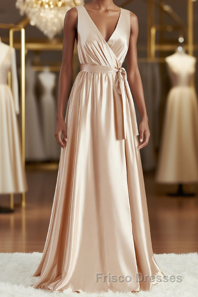 A-Line/Princess V-neck Floor-Length Silk like Satin Bridesmaid Dress with Belt/Sash Main image