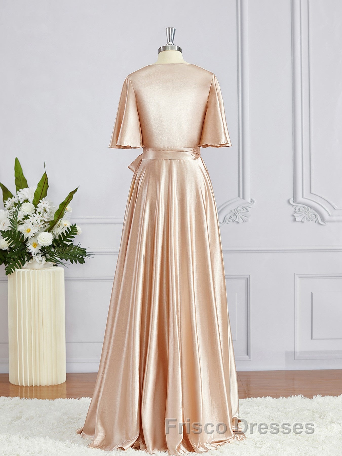 A-Line/Princess V-neck Floor-Length Silk like Satin Bridesmaid Dress with Belt/Sash Secondary image