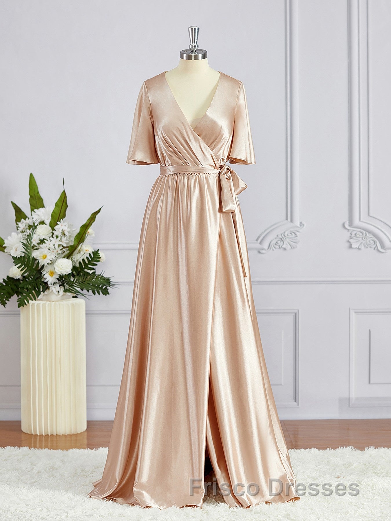 A-Line/Princess V-neck Floor-Length Silk like Satin Bridesmaid Dress with Belt/Sash
