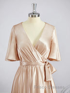 A-Line/Princess V-neck Floor-Length Silk like Satin Bridesmaid Dress with Belt/Sash