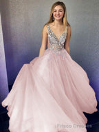 A-Line/Princess V-neck Floor-Length Tulle Evening Dresses With Beading