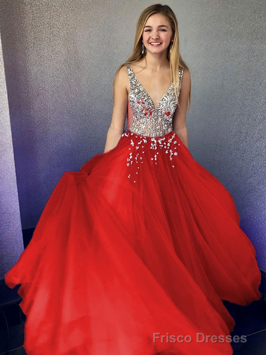 A-Line/Princess V-neck Floor-Length Tulle Evening Dresses With Beading