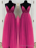 A-Line/Princess V-neck Floor-Length Tulle Prom Dresses With Beading