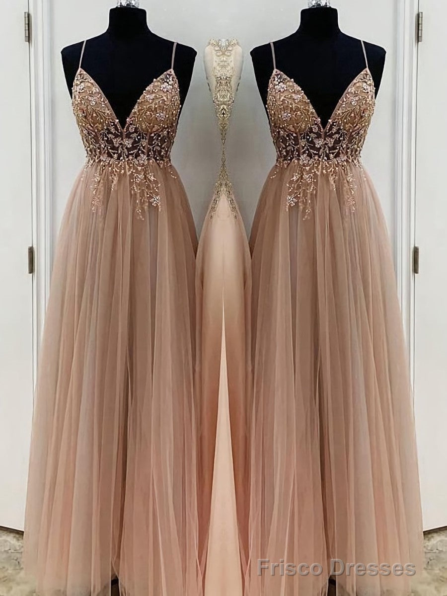A-Line/Princess V-neck Floor-Length Tulle Prom Dresses With Beading Main image