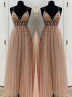 A-Line/Princess V-neck Floor-Length Tulle Prom Dresses With Beading