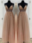 A-Line/Princess V-neck Floor-Length Tulle Prom Dresses With Beading