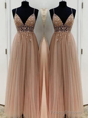A-Line/Princess V-neck Floor-Length Tulle Prom Dresses With Beading