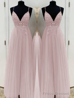 A-Line/Princess V-neck Floor-Length Tulle Prom Dresses With Beading