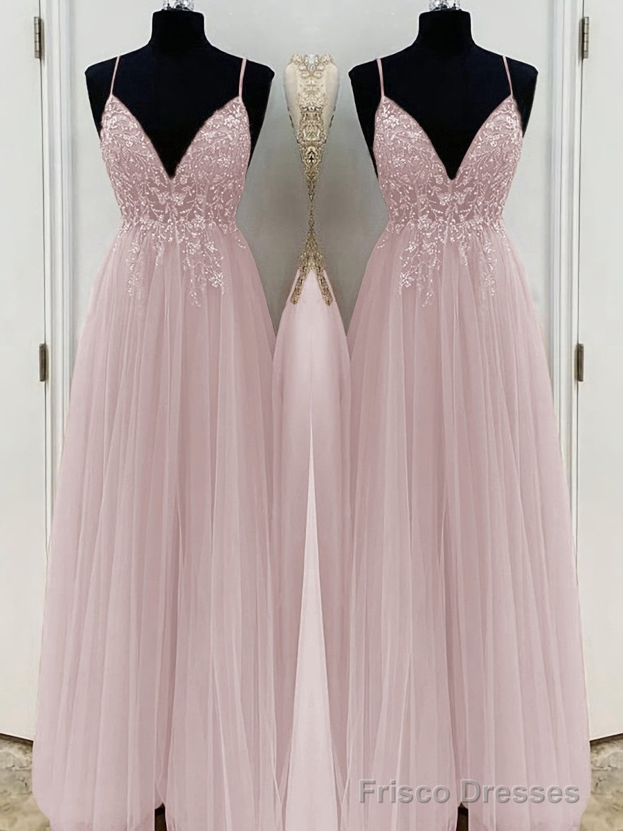 A-Line/Princess V-neck Floor-Length Tulle Prom Dresses With Beading