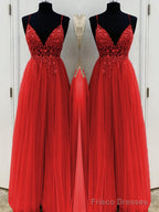 A-Line/Princess V-neck Floor-Length Tulle Prom Dresses With Beading