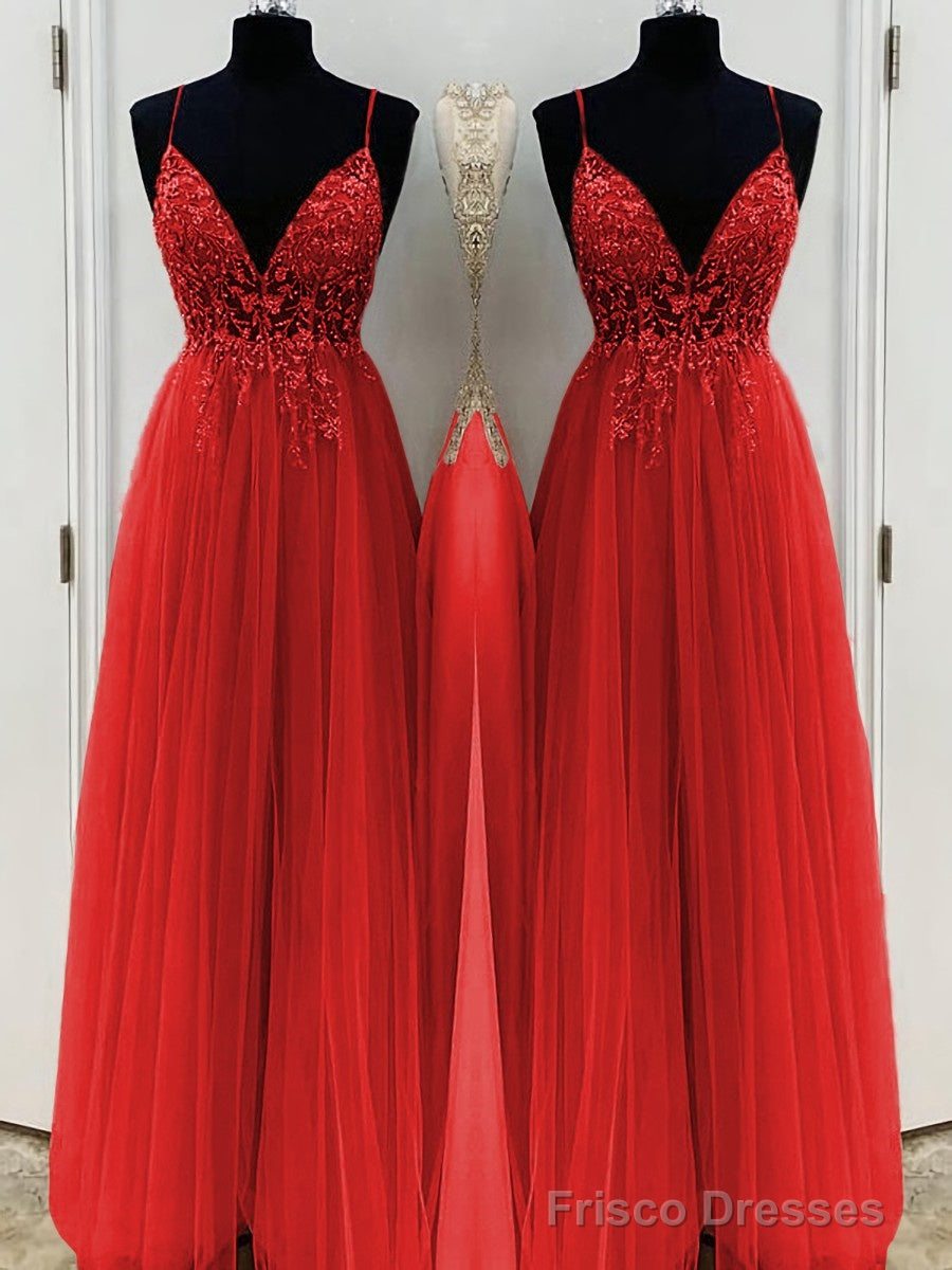 A-Line/Princess V-neck Floor-Length Tulle Prom Dresses With Beading