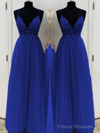 A-Line/Princess V-neck Floor-Length Tulle Prom Dresses With Beading