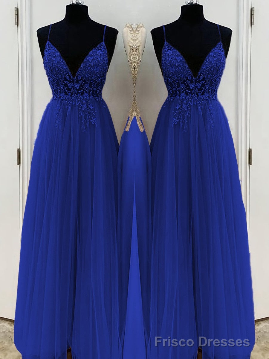 A-Line/Princess V-neck Floor-Length Tulle Prom Dresses With Beading