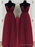 A-Line/Princess V-neck Floor-Length Tulle Prom Dresses With Beading