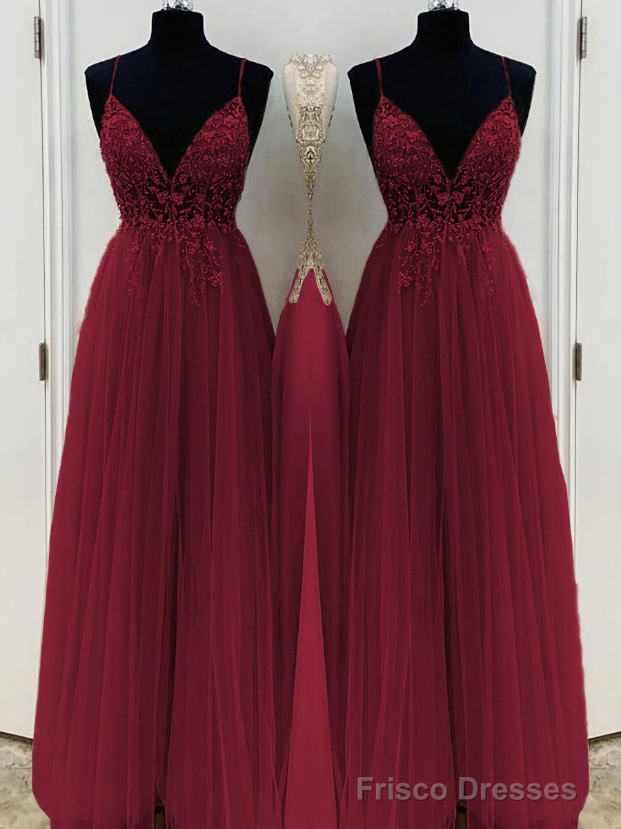 A-Line/Princess V-neck Floor-Length Tulle Prom Dresses With Beading