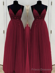 A-Line/Princess V-neck Floor-Length Tulle Prom Dresses With Beading