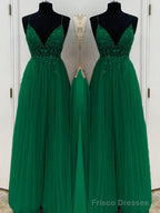 A-Line/Princess V-neck Floor-Length Tulle Prom Dresses With Beading