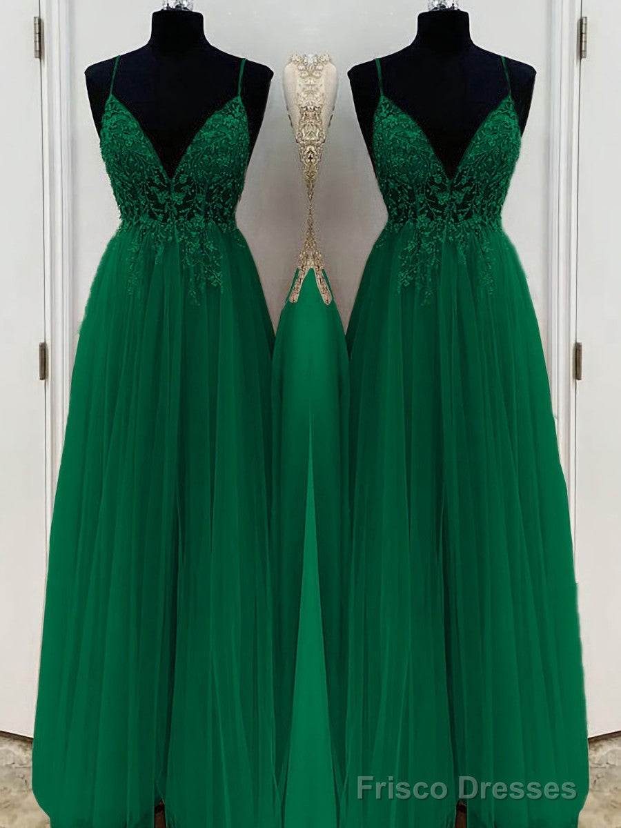 A-Line/Princess V-neck Floor-Length Tulle Prom Dresses With Beading