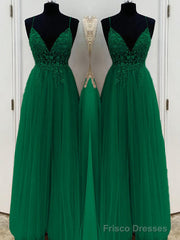A-Line/Princess V-neck Floor-Length Tulle Prom Dresses With Beading
