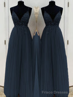 A-Line/Princess V-neck Floor-Length Tulle Prom Dresses With Beading