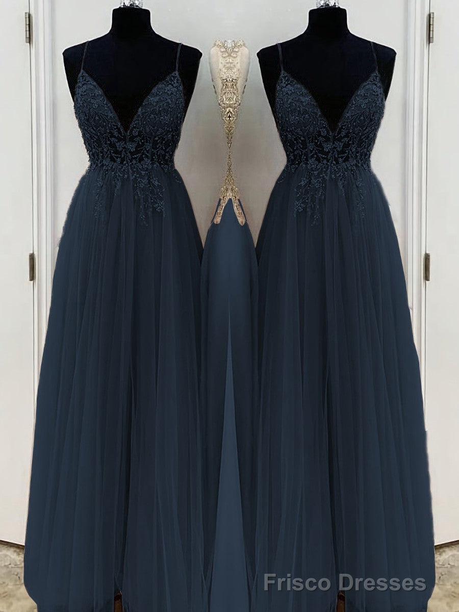 A-Line/Princess V-neck Floor-Length Tulle Prom Dresses With Beading