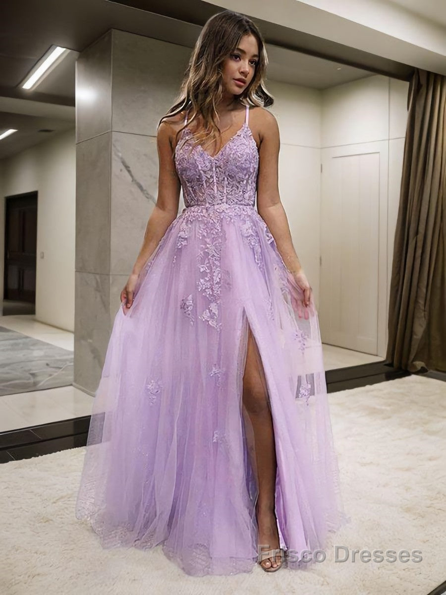 A-Line/Princess V-neck Floor-Length Tulle Prom Dresses With Leg Slit Main image
