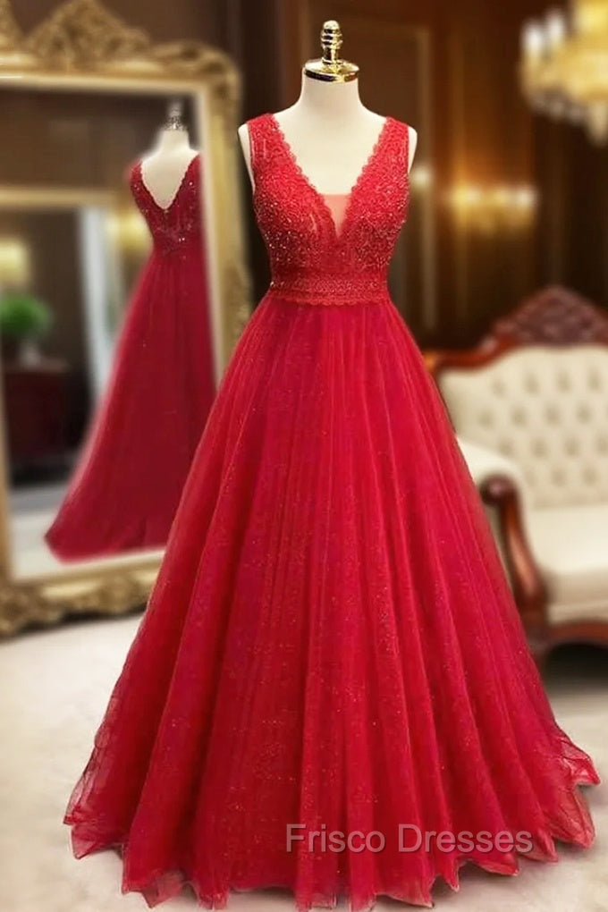 A-line Princess V Neck Long/Floor-Length Sparkly Tulle Formal Prom Dress With Appliqued Beading Glitter Main image