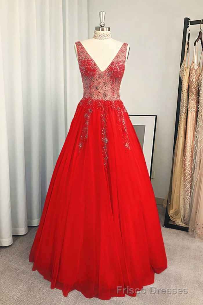 A-line/Princess V Neck Long/Floor-Length Tulle Prom Dresses With Beading Sequins