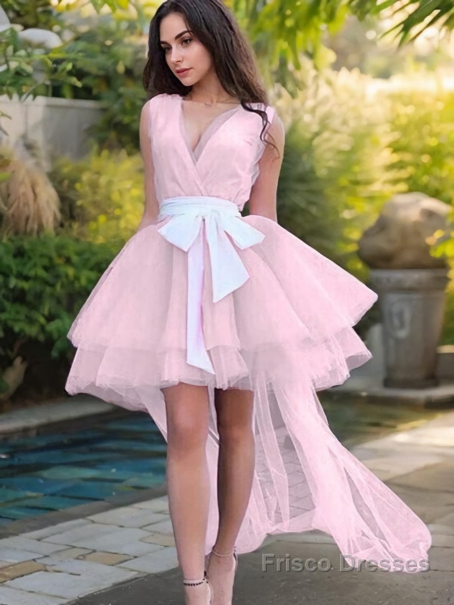 A-Line/Princess V-neck Short/Mini Tulle Homecoming Dresses With Belt/Sash Main image