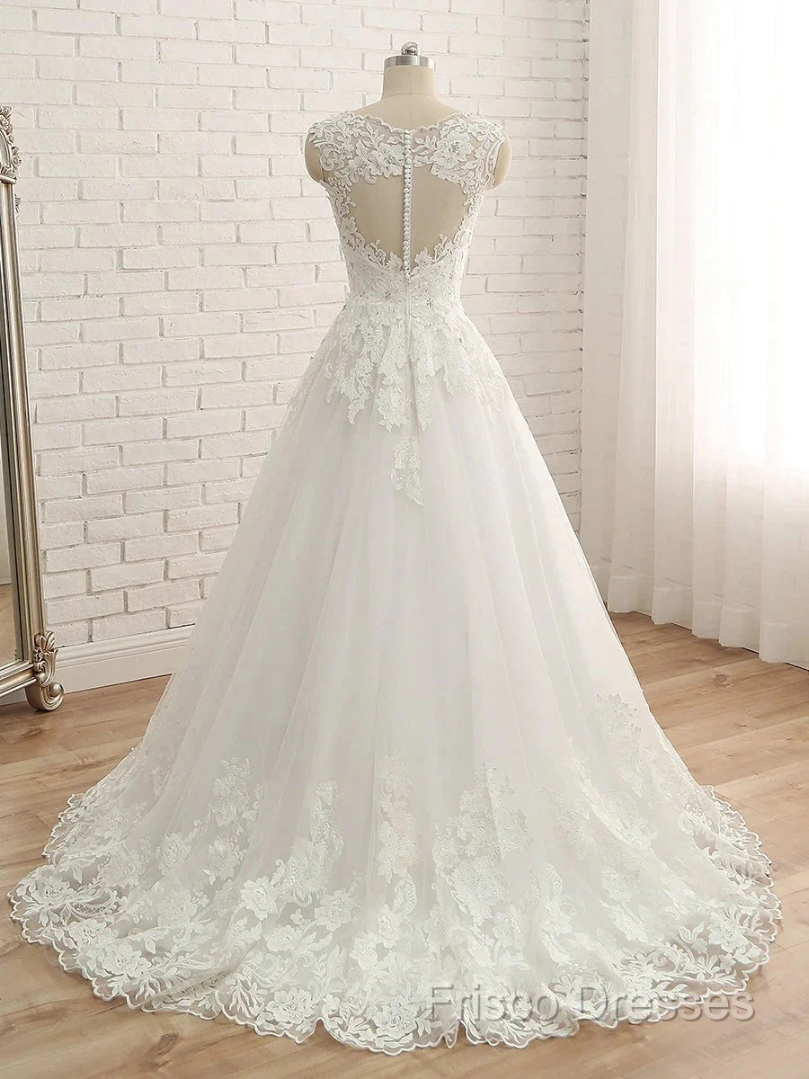 A-Line/Princess V-Neck Sleeveless Applique Tulle Floor-Length Wedding Dress Secondary image