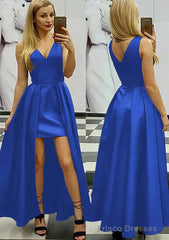 A-line/Princess V Neck Sleeveless Asymmetrical Satin Prom Dresses With Pleated