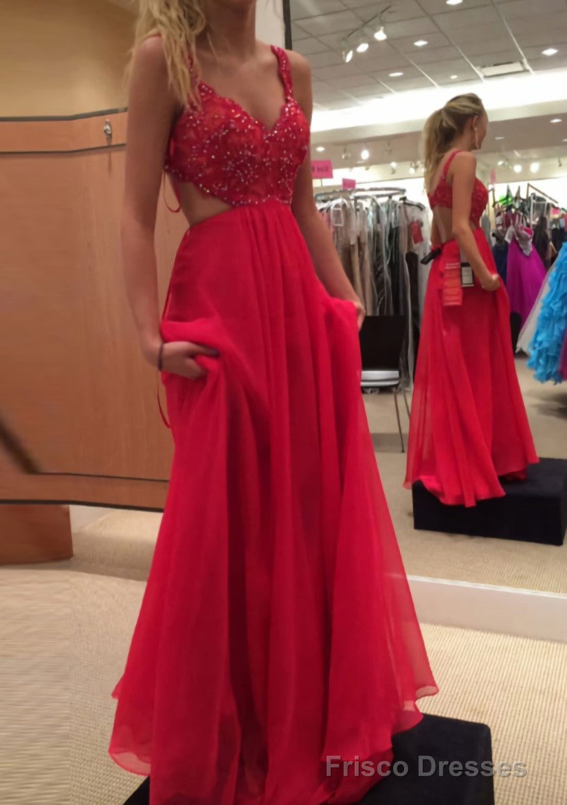 A-line/Princess V Neck Sleeveless Long/Floor-Length Chiffon Prom Dresses With Lace Beading Main image