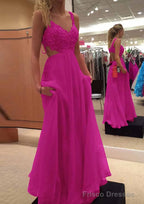 A-line/Princess V Neck Sleeveless Long/Floor-Length Chiffon Prom Dresses With Lace Beading
