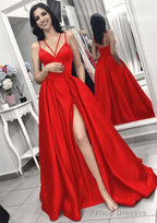 A-line/Princess V Neck Sleeveless Long/Floor-Length Elastic Satin Evening Dresses With Split Pleated