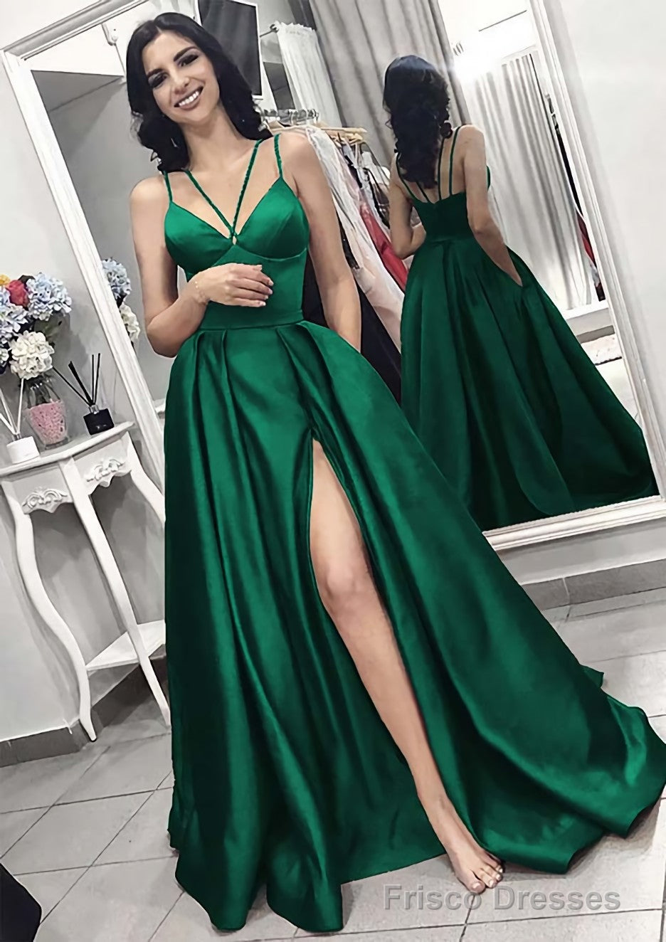 A-line/Princess V Neck Sleeveless Long/Floor-Length Elastic Satin Evening Dresses With Split Pleated